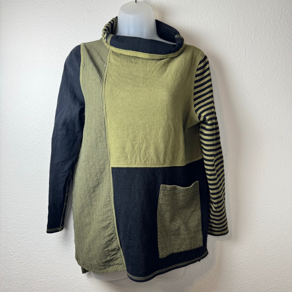 Habitat Mixed Media Patchwork Cowl Neck Tunic Top Olive Green Black Stripe Small
